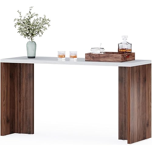 LITTLE TREE Home Bar Table, 55-Inch Long Counter Height Pub Table with a Faux Marble Finished Tabletop, Narrow Rectangular Indoor Bar Unit for Home, Kitchen, White & Walnut