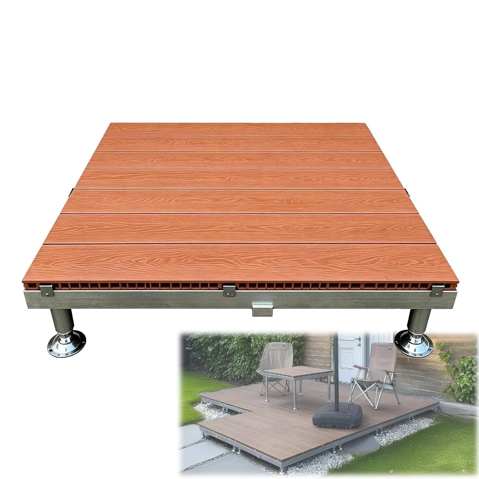 Piattaforma Terrazza Rialzata Piastrelle WPC Pavimento Esterno Impermeabile | 84x84cm Piastrelle Per Giardino Modulare, Mattonelle A Incastro, Altezza Regolabile E Telaio Metallo(Brown)