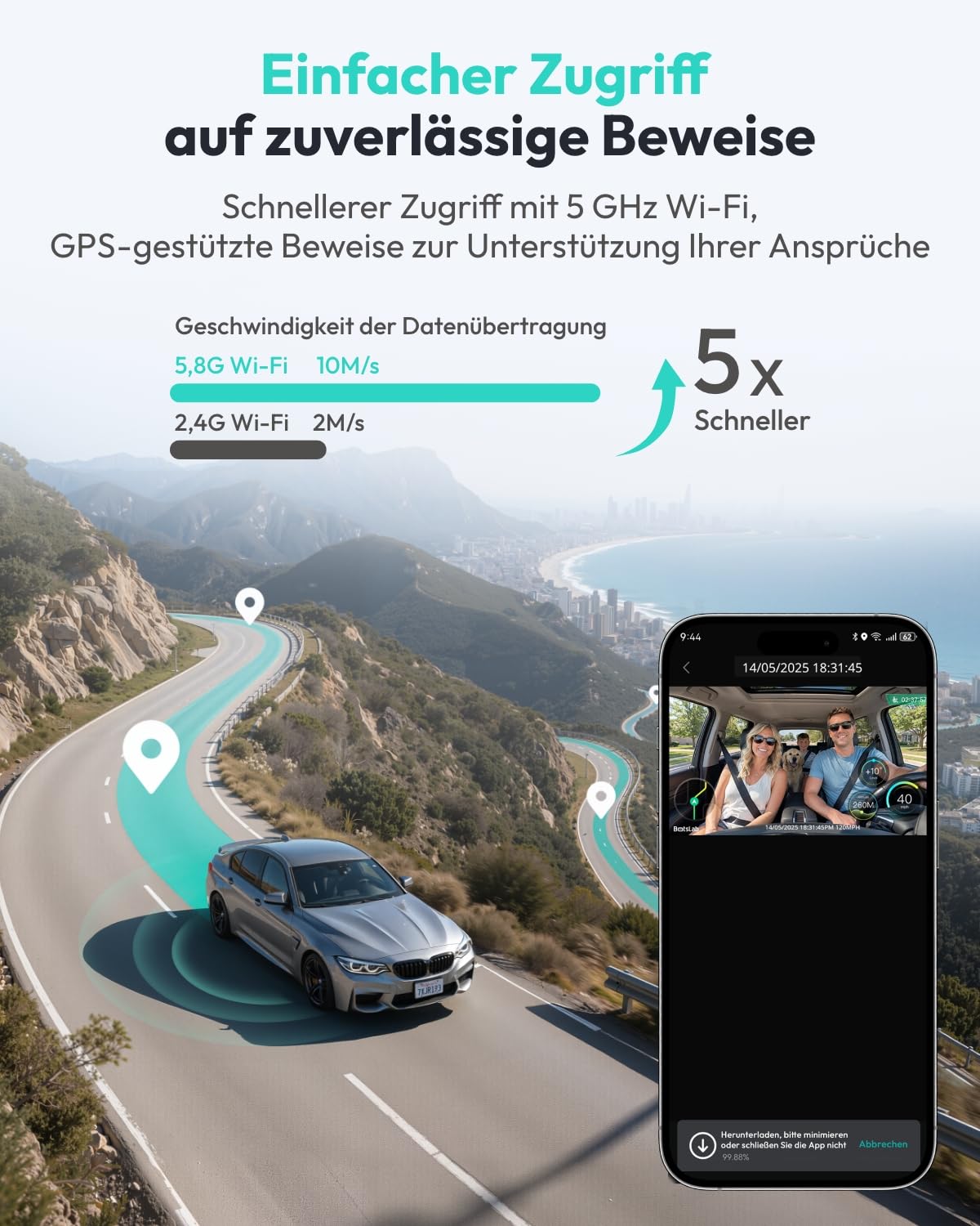 BOTSLAB Dashcam Auto Vorne Innen 4K+1080P Dual Kamera mit Super IR Nachtsicht 3,18" IPS-Touchscreen App & Sprachsteuerung 5,8 GHz Wi-Fi GPS 24/7 Parküberwachung G-Sensor 512 GB Max