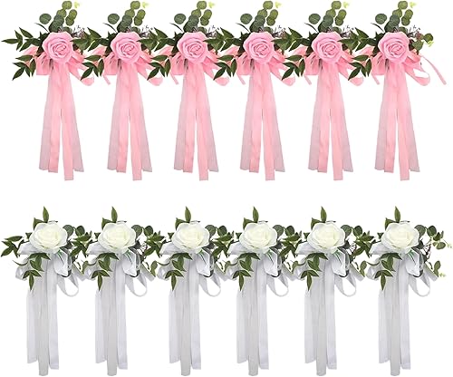 Miniatura 8 de Decoraciones de pasillo para ceremonia de boda, 6 piezas de rosas artificiales para decoración de pasillo de boda con cintas, decoración floral para