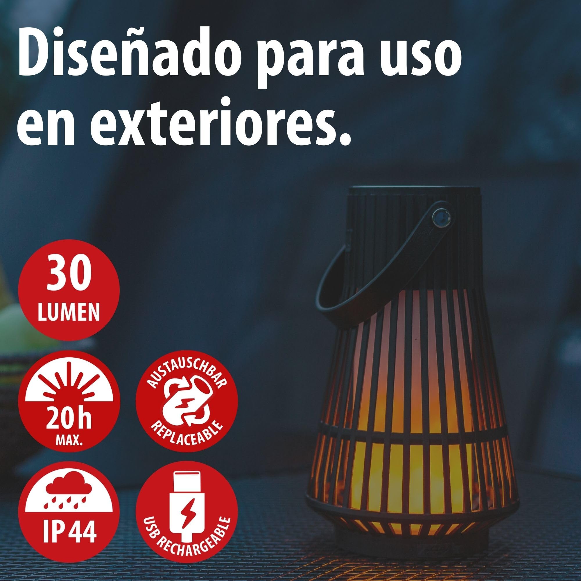 Brennenstuhl Lámpara LED de exterior recargable FL 100 A (IP44, efecto de llama, batería intercambiable, duración de iluminación máx. 20h, lámpara de camping, luz ambiental para jardín y exterior)