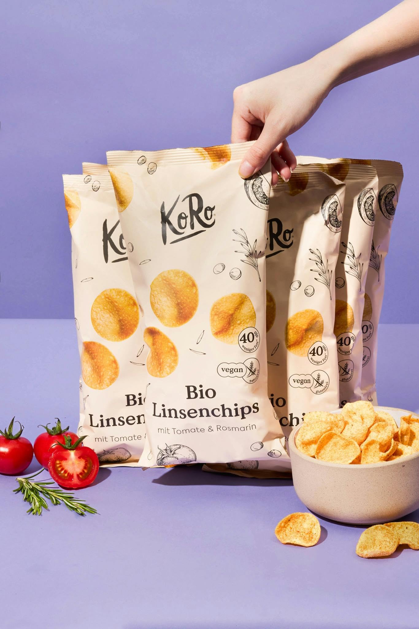 KoRo - Chips di lenticchie con pomodoro e rosmarino bio 7 x 100 g - vegan - da agricoltura biologica - gustosa alternativa alle patatine