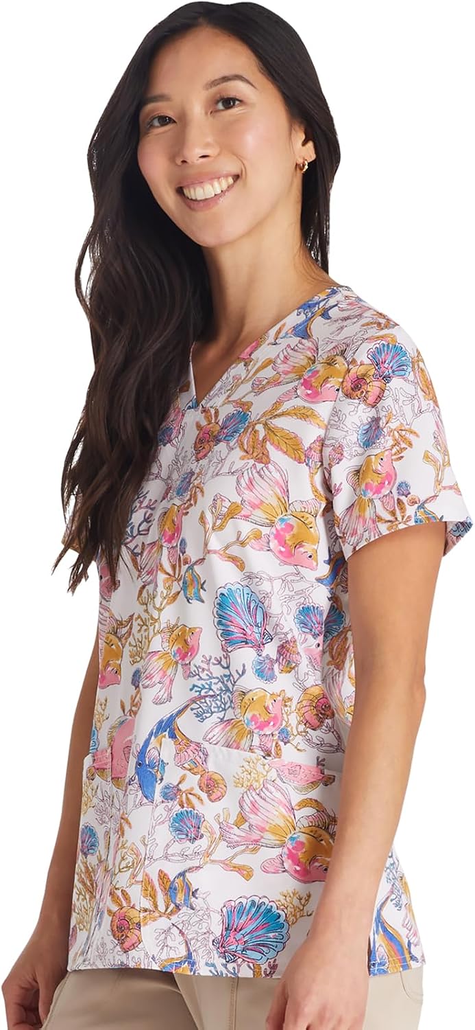 Cherokee Women Scrub Tops V-Neck Print Top with 2 Pockets, Back Yoke Seam and Side Vents - CK671