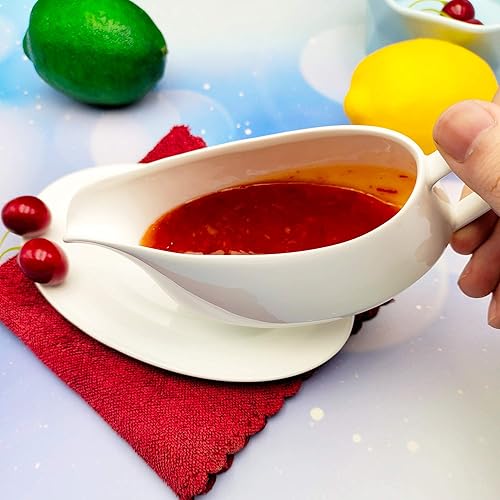 Miniatura 3 de Salsa de cerámica con bandeja, apta para microondas y lavavajillas, color blanco (8 onzas)