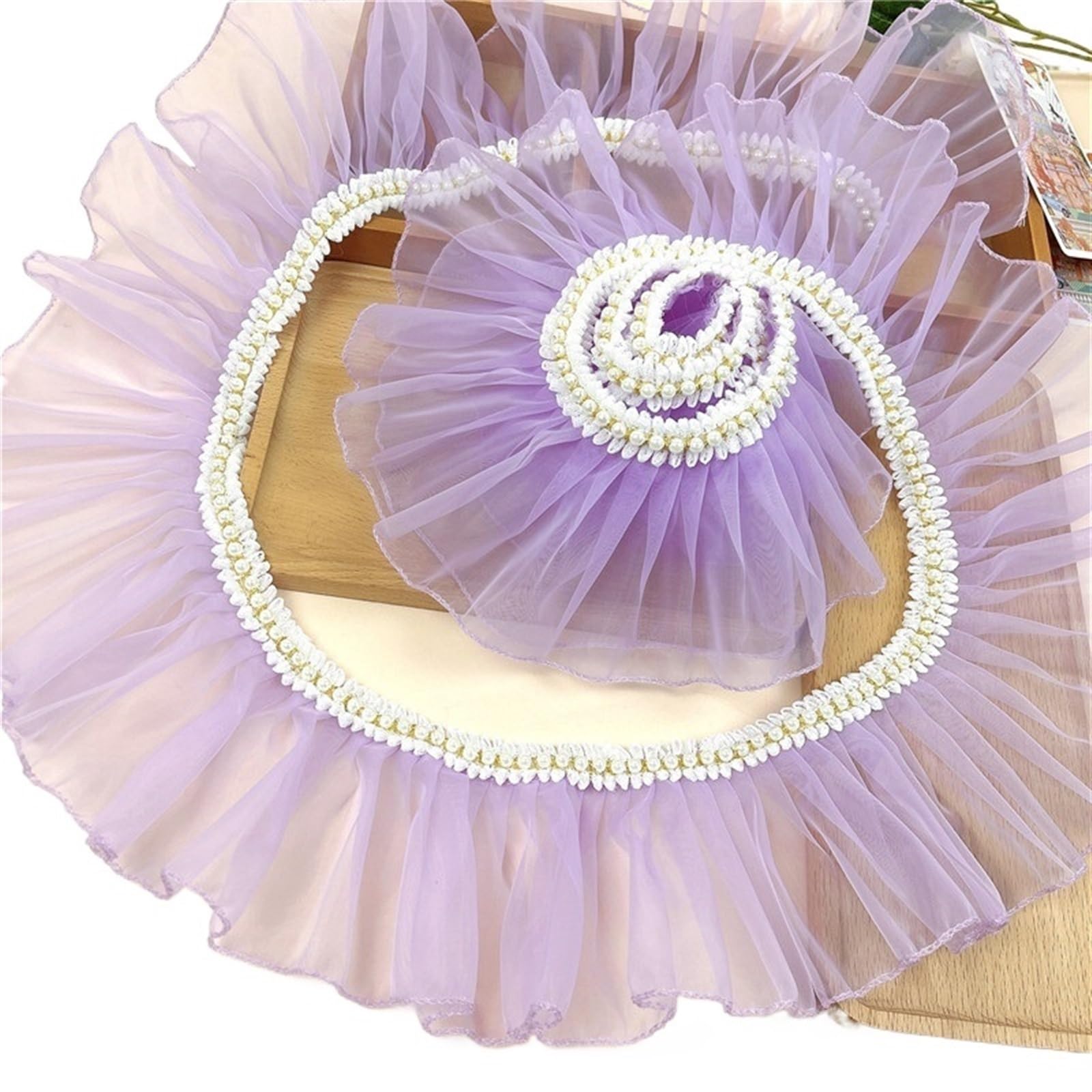 Pleated Beaded Ruffle Lace 1Meter Organza Pleats Ruffle Lace Trim with Beads Lace Sewing Craft (Color : Light Purple, Size : 2meter)