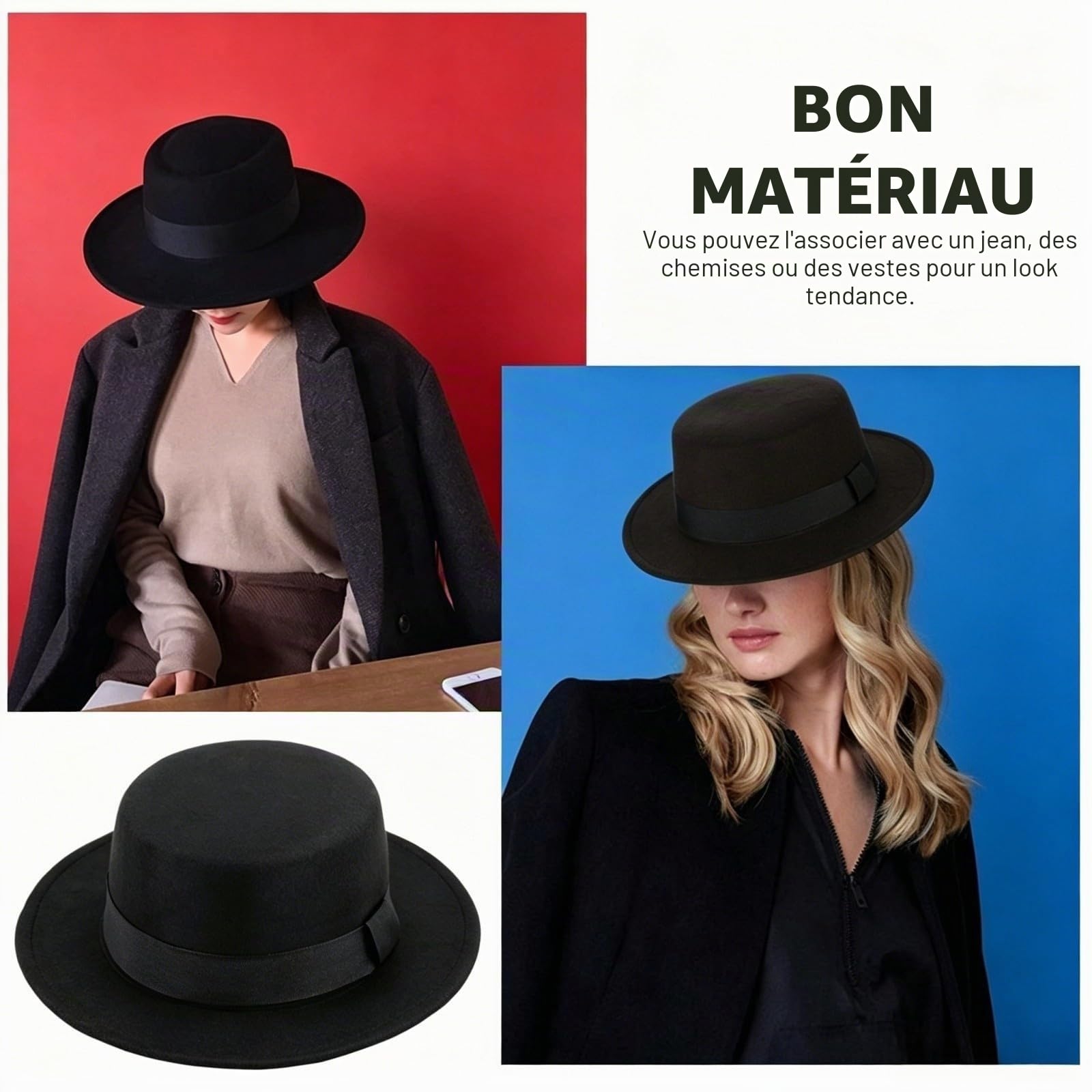 Chapeau Plat Unisexe Classique Noir Tendance Fedora d'église Derby Casquette élégante Jazz Chapeaux à Large Bord Casquette Derby Parfaite pour fête de Mariage