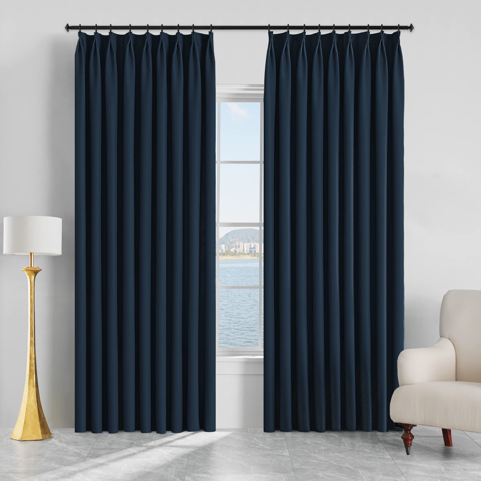 Pinch Pleated Curtain 54W x 96L Inches Indoor Ourdoor Window Treatment, Triple Weave Room Darkening Curtain for Bedroom, Living Room, Hotels, Easy Hanging via Hooks, Navy Blue, 1 Panel