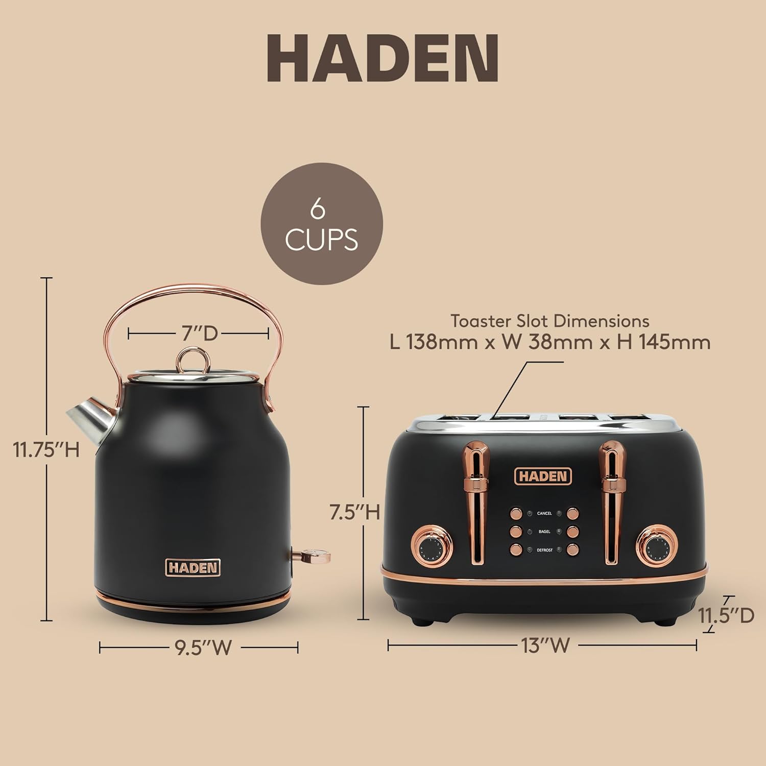 Haden Heritage 4 Slice Wide Slot Stainless Steel Toaster Bundled with 1.7 Liter Stainless Steel Electric Water Kettle, Black & Copper