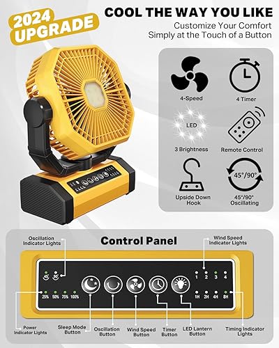 Miniatura 3 de Ventilador de camping con oscilación automática y control remoto y temporizador y linterna LED, ventilador portátil, ventilador recargable para