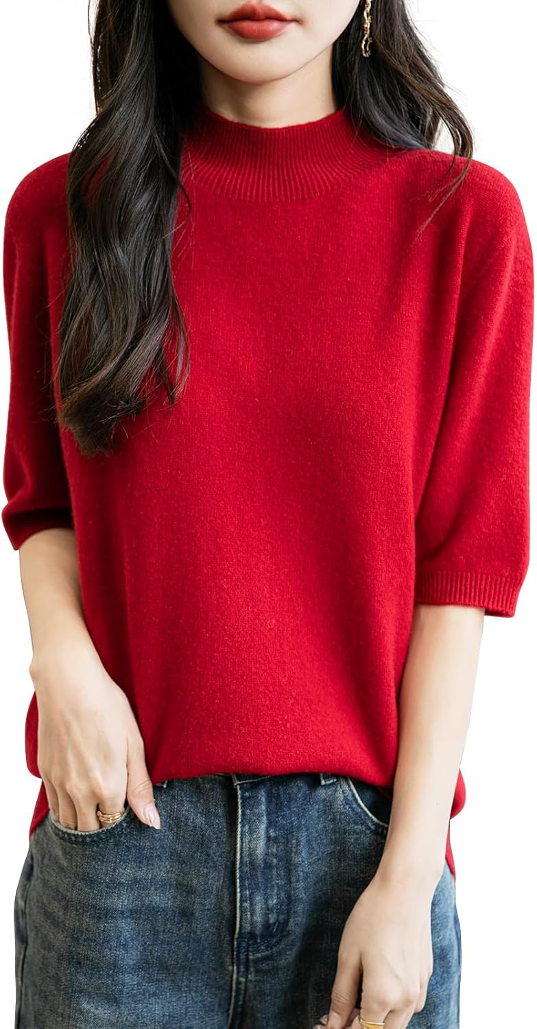 Chanyarn Women's 100% Merino Wool Spring Fall Winter First-Line Ready to Wear Seamless Knit Short Sleeve Mock Neck Sweater