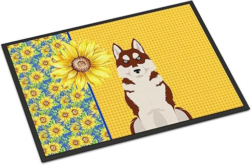 Miniatura 1 de Caroline's Treasures WDK5492MAT - Tapete de verano con diseño de girasoles rojos siberianos Husky de 18 x 27 pulgadas, tapete para puerta delantera,
