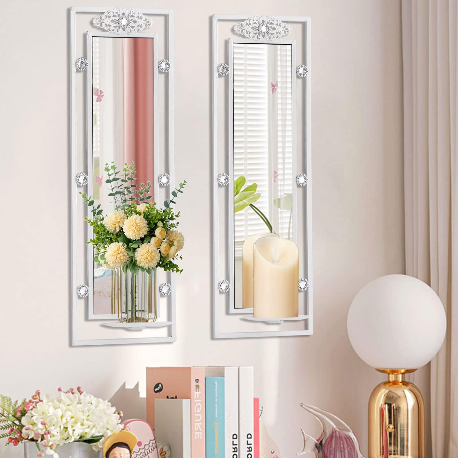 Set of 2 Metal Wall Candle Sconce Holder with Mirror Rustic Hanging