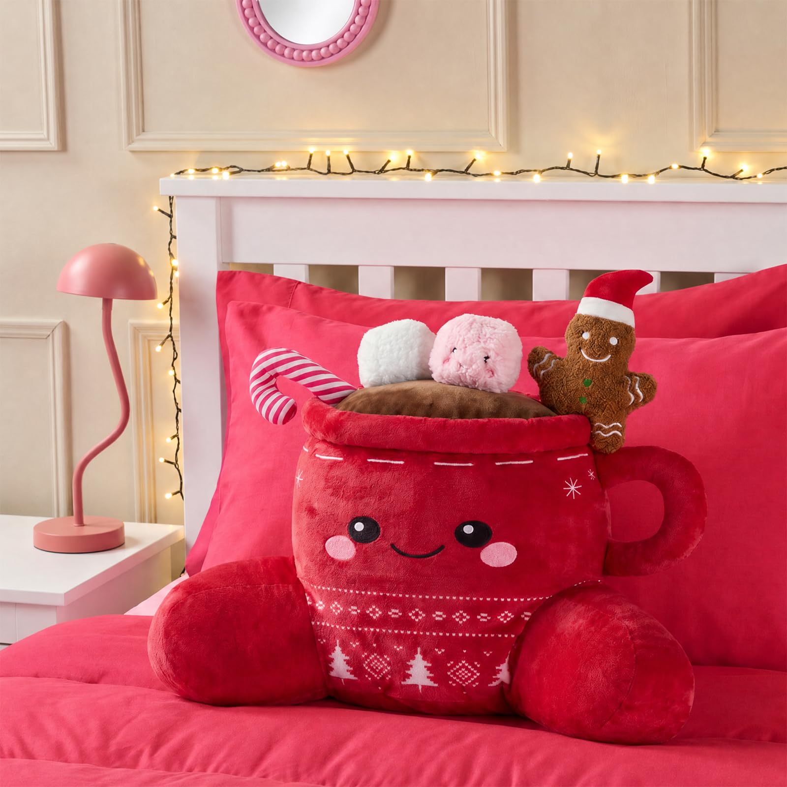 OHS Cuddle Cushion Red, Festive Hot Chocolate Fleece-Back Pillow with Arms — image 1