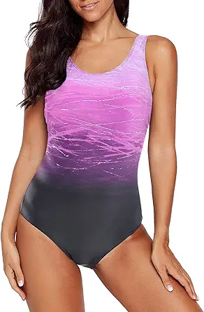 Aleumdr Womens Color Block Print One Piece Swimsuits Athletic Training Swimwear Bathing Suits(Available in Plus)