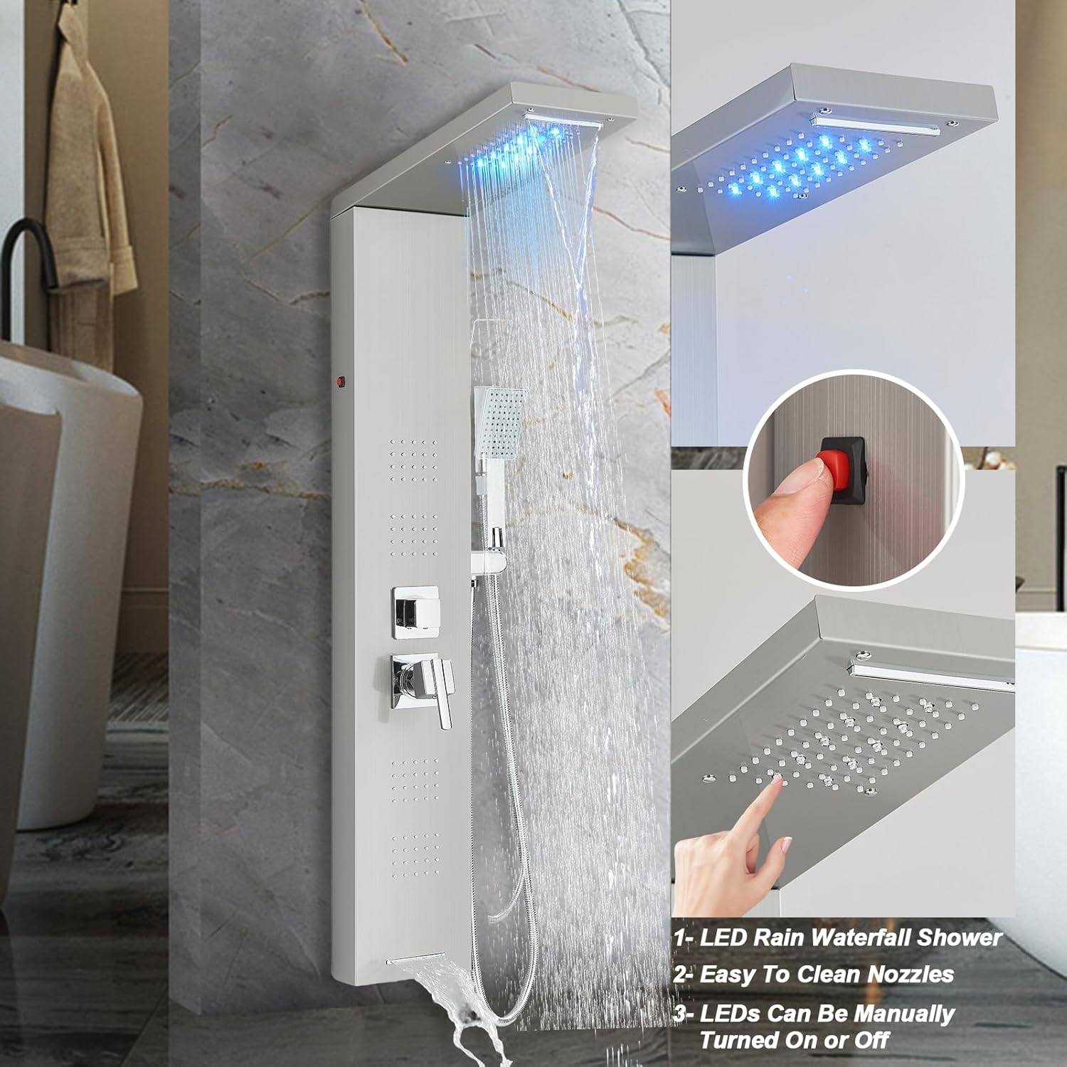 Contemporary Shower Panel Wall Mounted Shower Tower with LED Shower Head Large Body Jets Stainless Steel Shower Panel Tower System, Brushed