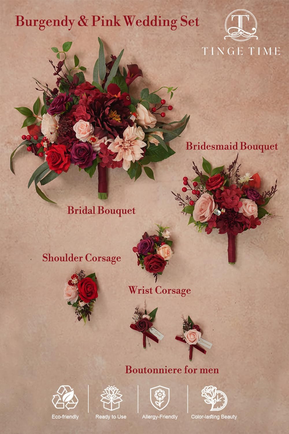TINGE TIME 13 Inch Artificial Flower Cascading Bridal Bouquet for Bride, Wedding Ceremony and Anniversary (Burgundy & Pink)