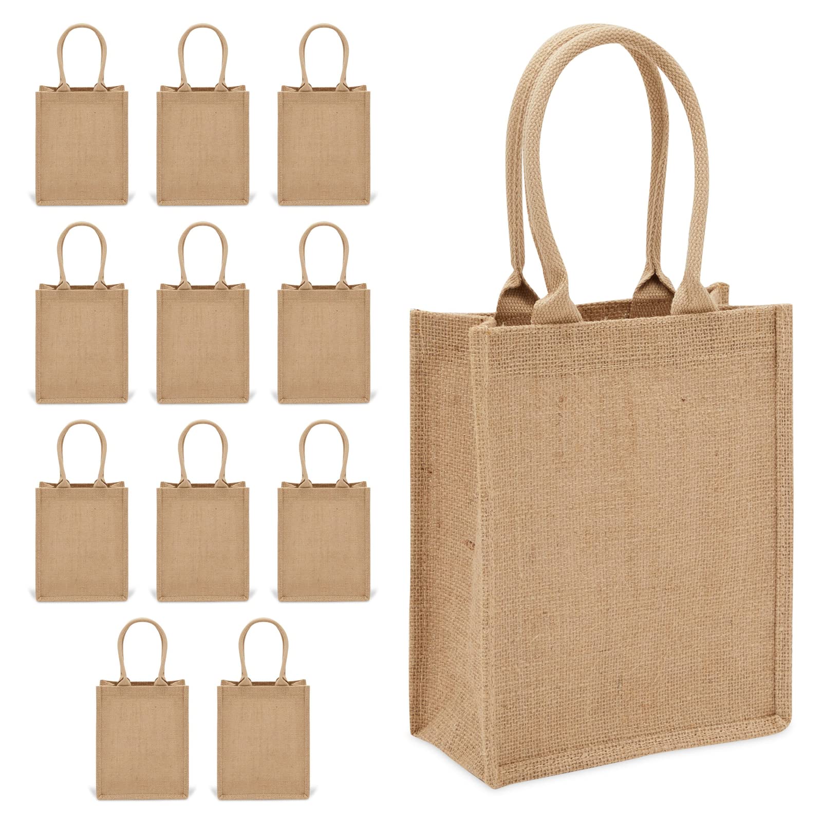 Sparkle and Bash Mini Tote Bags - 8 x 10 x 4 Inches, Brown, 12 Pack - Burlap Party Bags with Handles for Gifts & Crafts