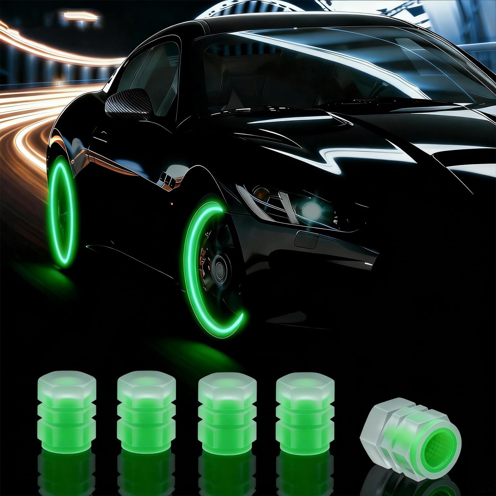 SHUNYIA 4 Pcs Glow in The Dark Tire Valve Caps for Alfa Romeo Stelvio/Giulia/Giulietta/Sportiva/Mito,Fluorescent Tire Valve Stem Caps Glow Valve Stem,Green