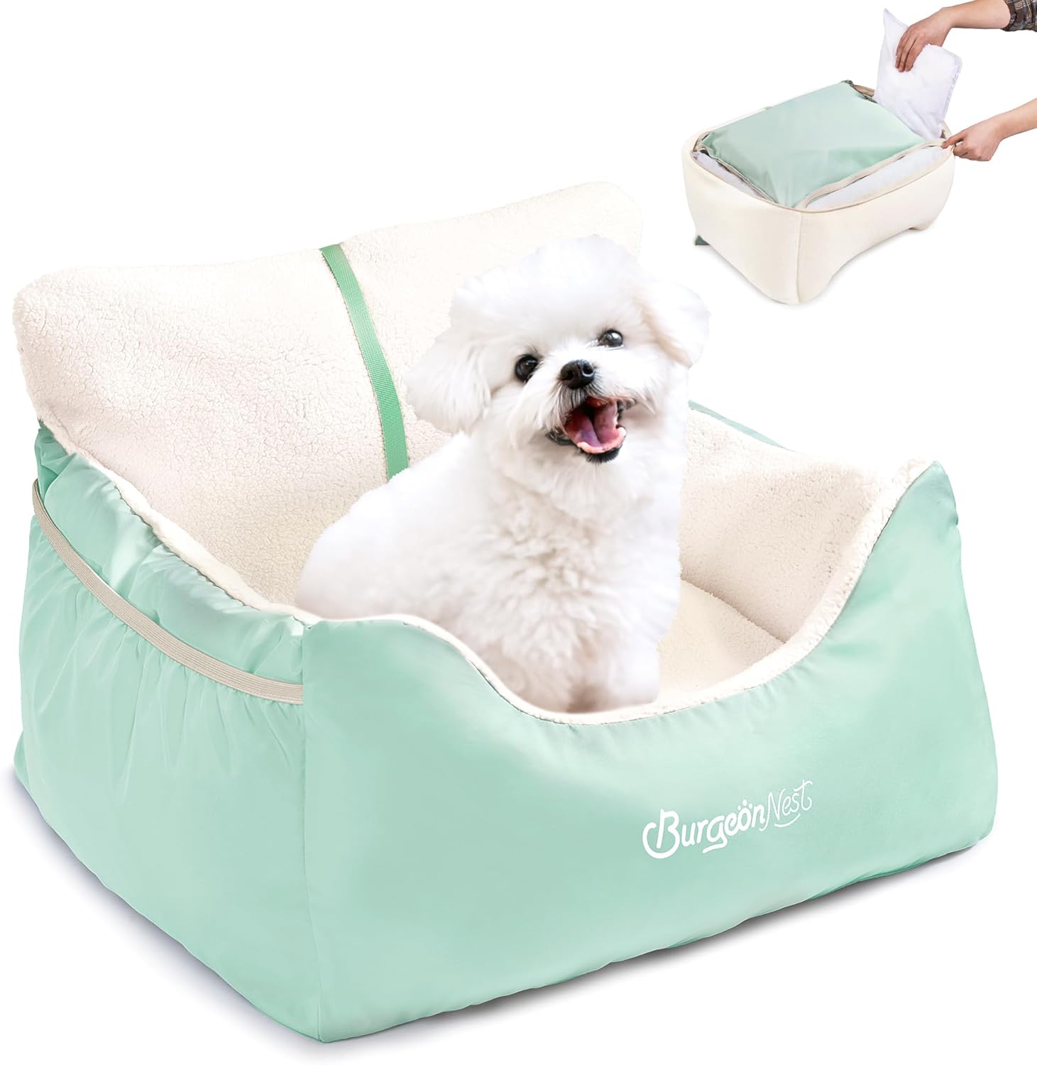 BurgeonNest Dog Car Seat for Small Dogs, Detachable and Washable Cat Carseats Under 25 lbs, Soft Pet Booster Seats with Storage Pockets and Clip-On Leash Portable Car Travel Carrier Bed, Beige Green Small Beige Green