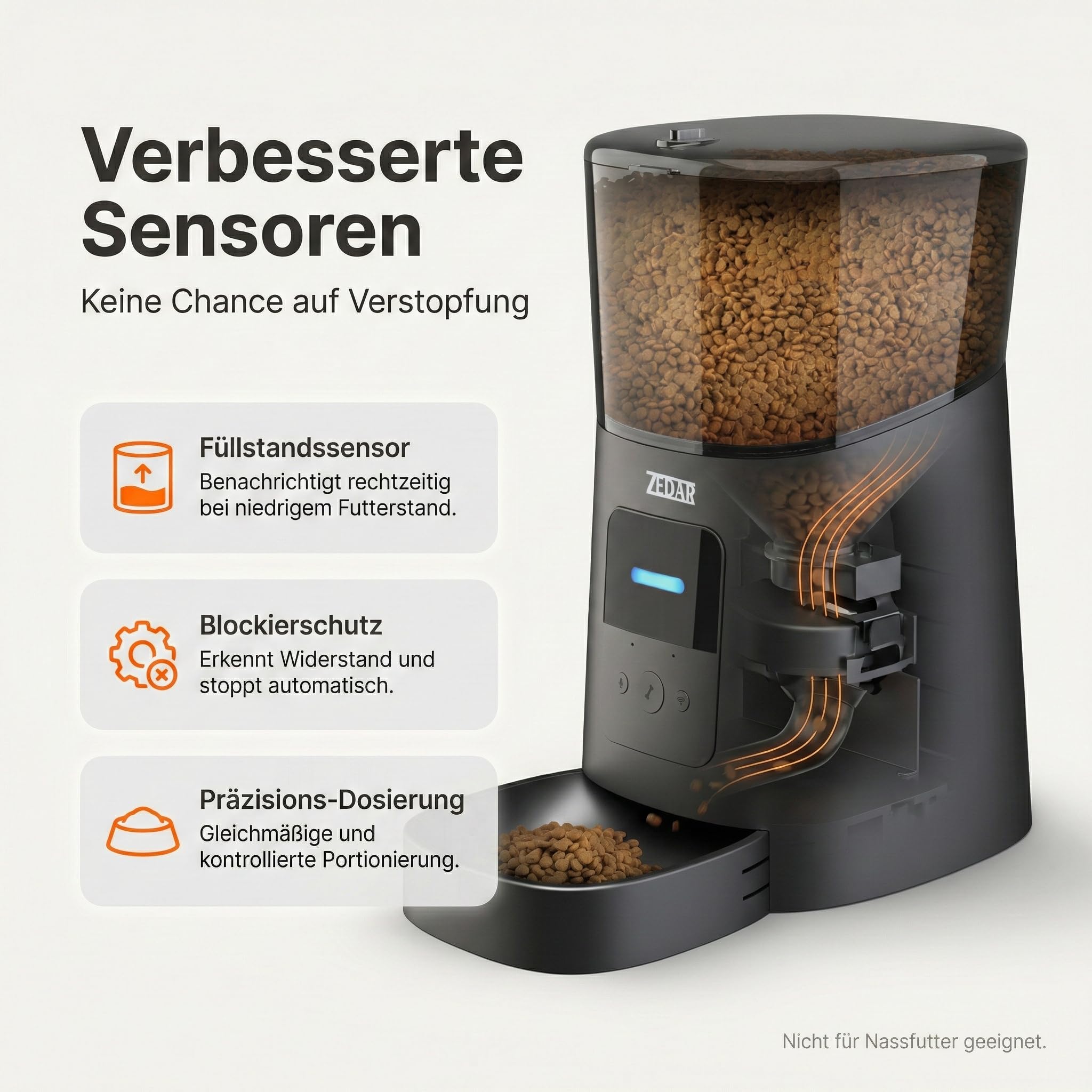 Futterautomat Katze - Edelstahl napf - 6 Liter - mit APP Steuerung - Automatischer Futterspender für Trockenfutter - Design für Katzen & Hunde - Schwarz - Zedar A600