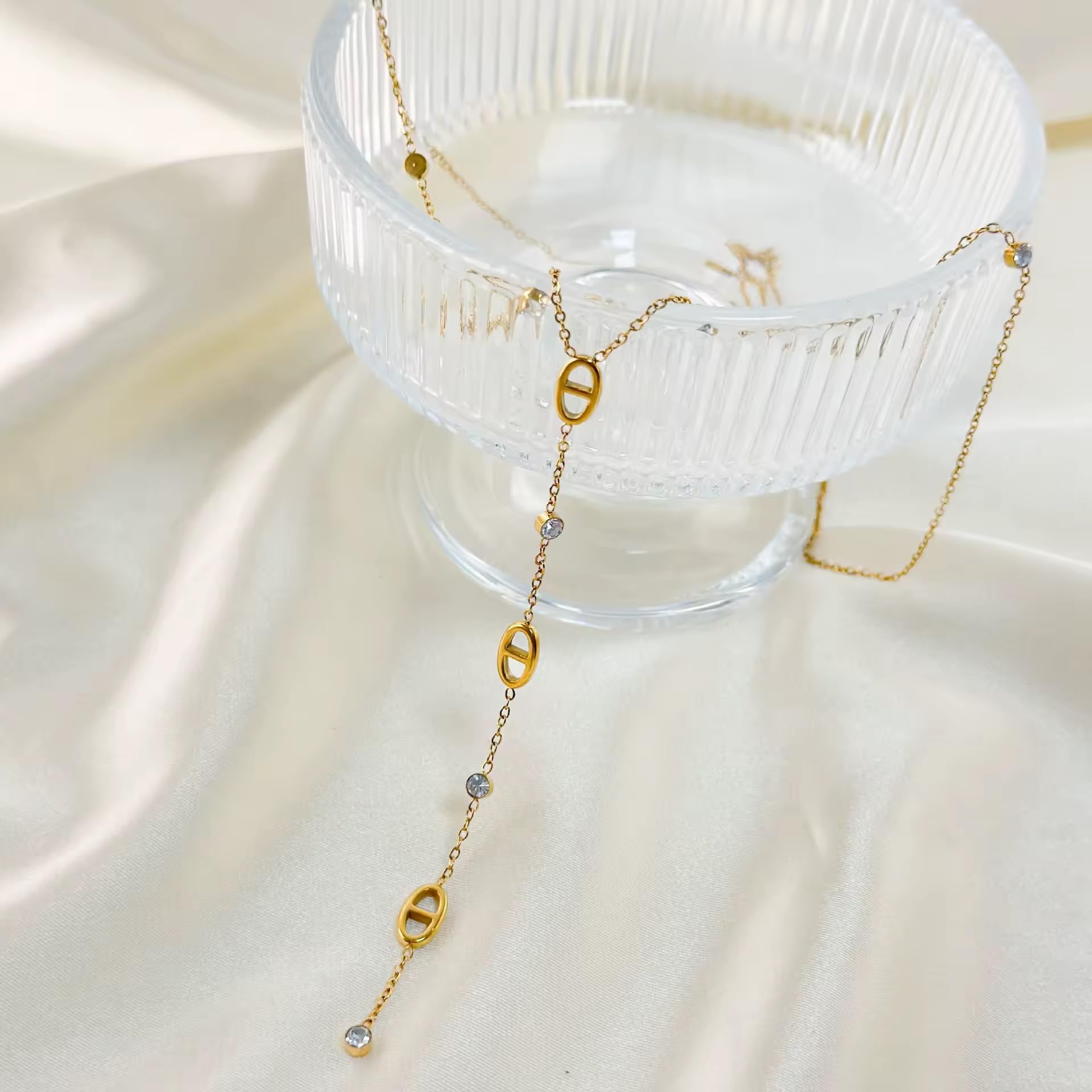 collier sautoir chaine en y - pendentif nez de cochon et strass - maille marine - acier inoxydable- argent ou or - collier personnalisé-collier tendance
