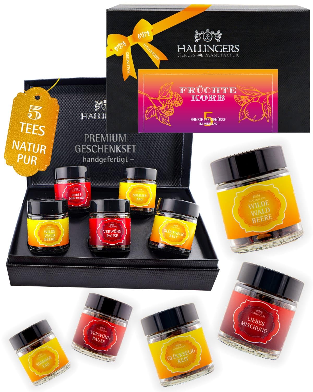 Hallingers Genuss Manufaktur Tee Geschenk-Set - 5 Sorten premium loser Tee Probierset in edler Geschenkbox mit Rezept-Booklet "Früchtekorb", Geschenkidee für Frauen Männer