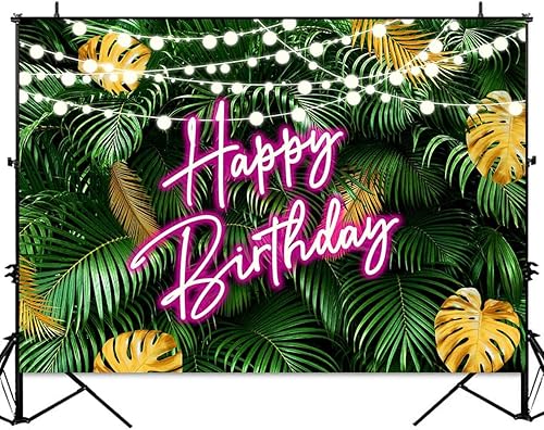 Miniatura 2 de Sensfun Fondo de fotos de hojas de palma tropicales hawaianas con texto en inglés "Happy Birthday" Aloha Luau Rosa Neón Cumpleaños Hojas Verdes