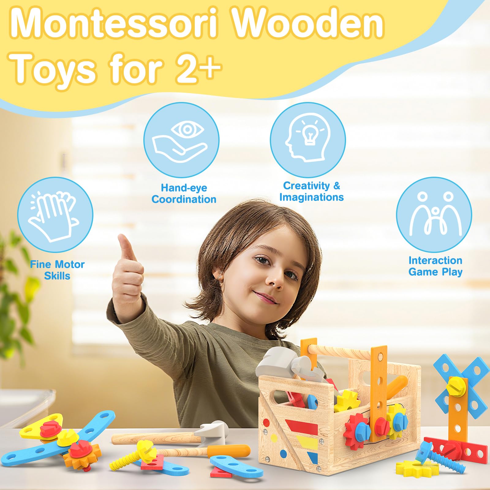 Juego de herramientas para niños con delantal, juguetes Montessori para niños de 2 años, banco de herramientas de madera para niños pequeños, juguete educativo de construcción STEM para edades de 2 a 7
