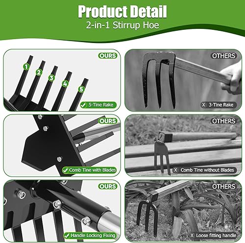 Miniatura 5 de Herramienta de jardín Hoe, herramienta de extracción de malezas de 17 a 58 pulgadas con mango largo, rastrillo de mano 2 en 1 y azada de jardín para