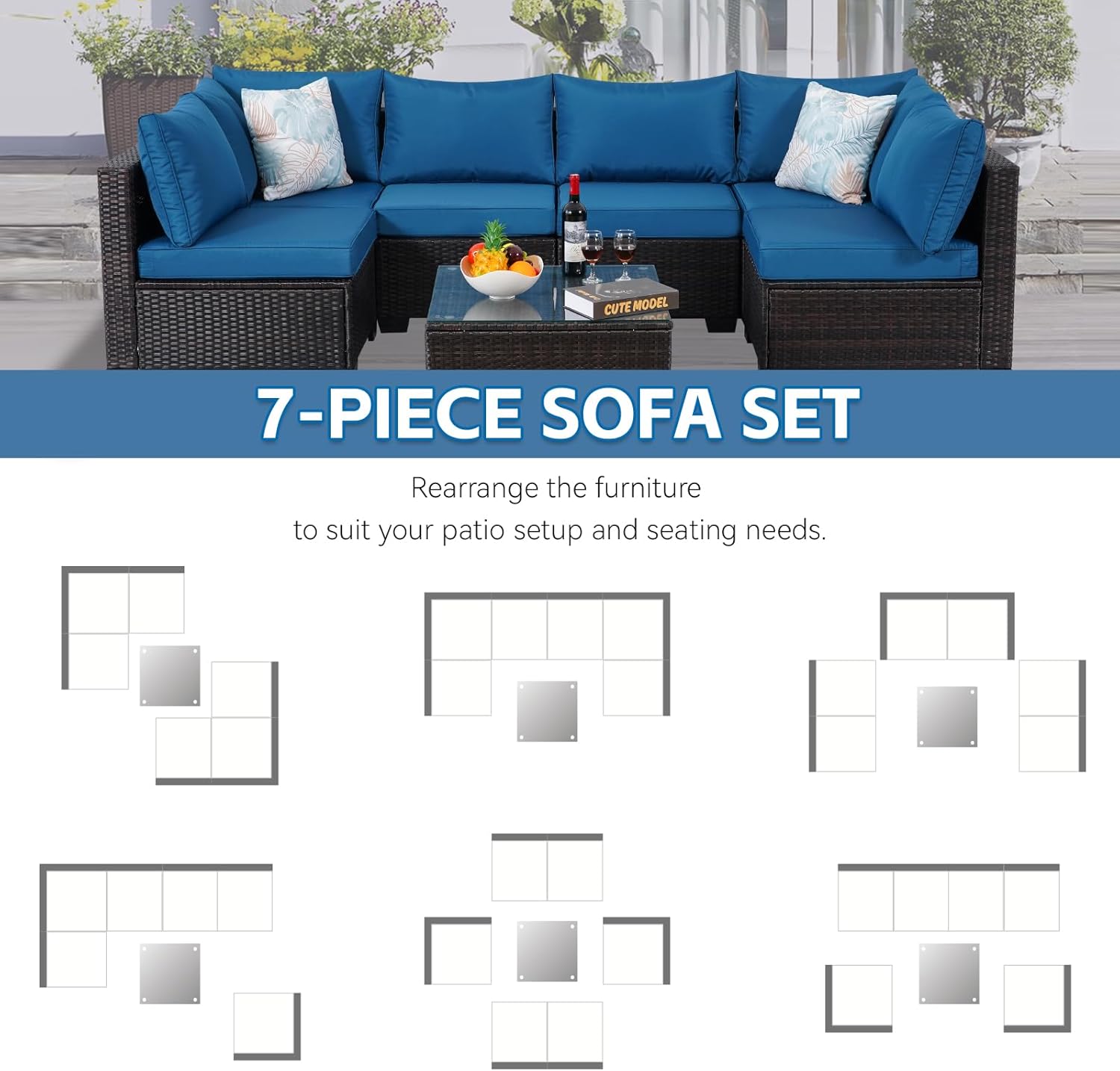 Diagram showing various configurations of the 7-piece patio furniture set