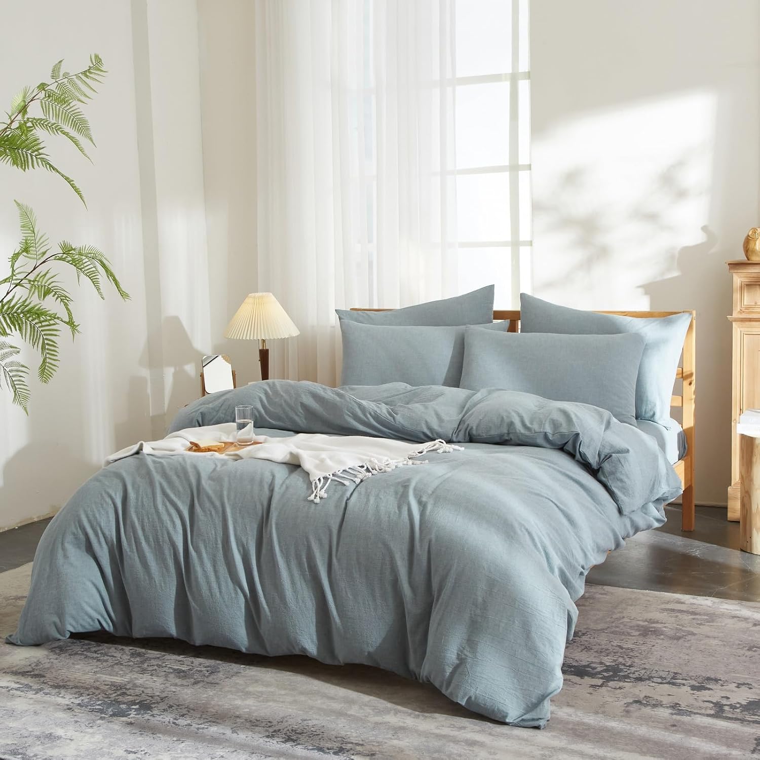 Linen Cotton Blend Duvet Cover Set Queen Size Dusty Blue Minimalist Solid Stonewashed Texture Comforter Cover Linen Feel Soft Breathable Farmhouse Plain Simple Bedding Set for All-Season