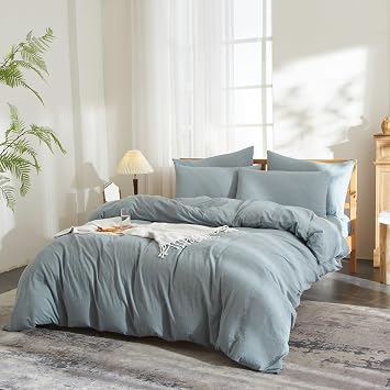 Linen Cotton Blend Duvet Cover Set Twin Size Dusty Blue Minimalist Solid Stonewashed Texture Comforter Cover Linen Feel Soft Breathable Farmhouse Plain Simple Bedding Set for All-Season