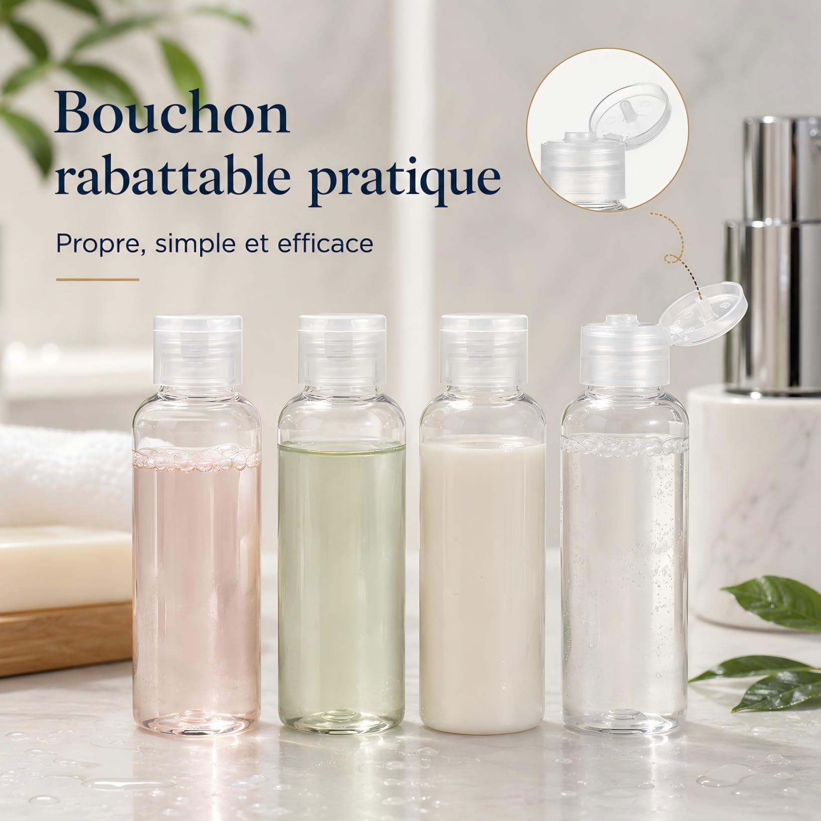 Kit de 4 Flacons de Voyage Vides Transparents 20 ml en Plastique, Accessoires de Voyage Pratiques pour Cosmétiques, Lotion, Shampoing et Gel Douche