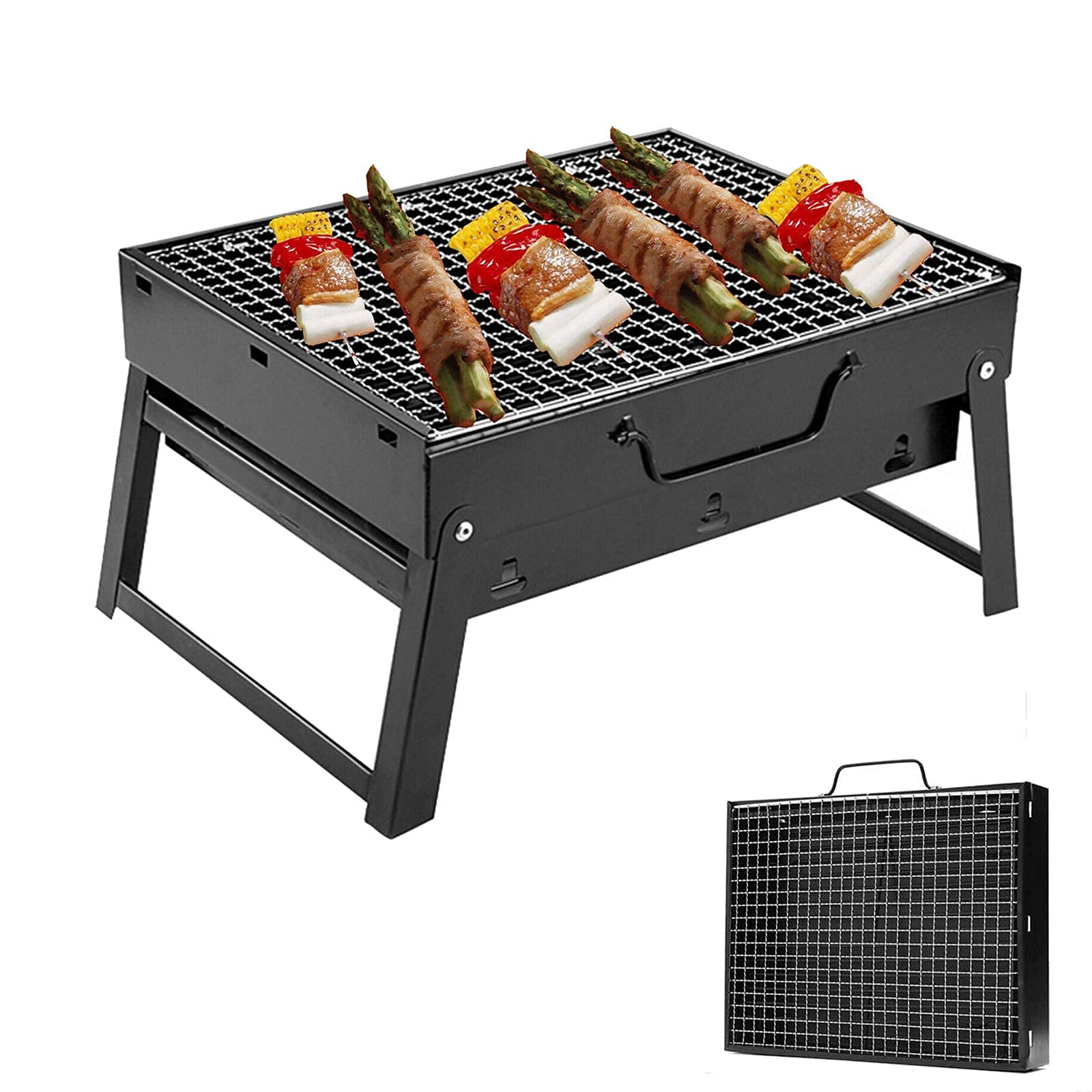 Griglia per barbecue di alta qualità Griglia per barbecue da tavolo pieghevole portatile in acciaio inox a carbonella per giardino, terrazza, escursionismo, picnic, festa (piccola, adatta per 1-6 pers