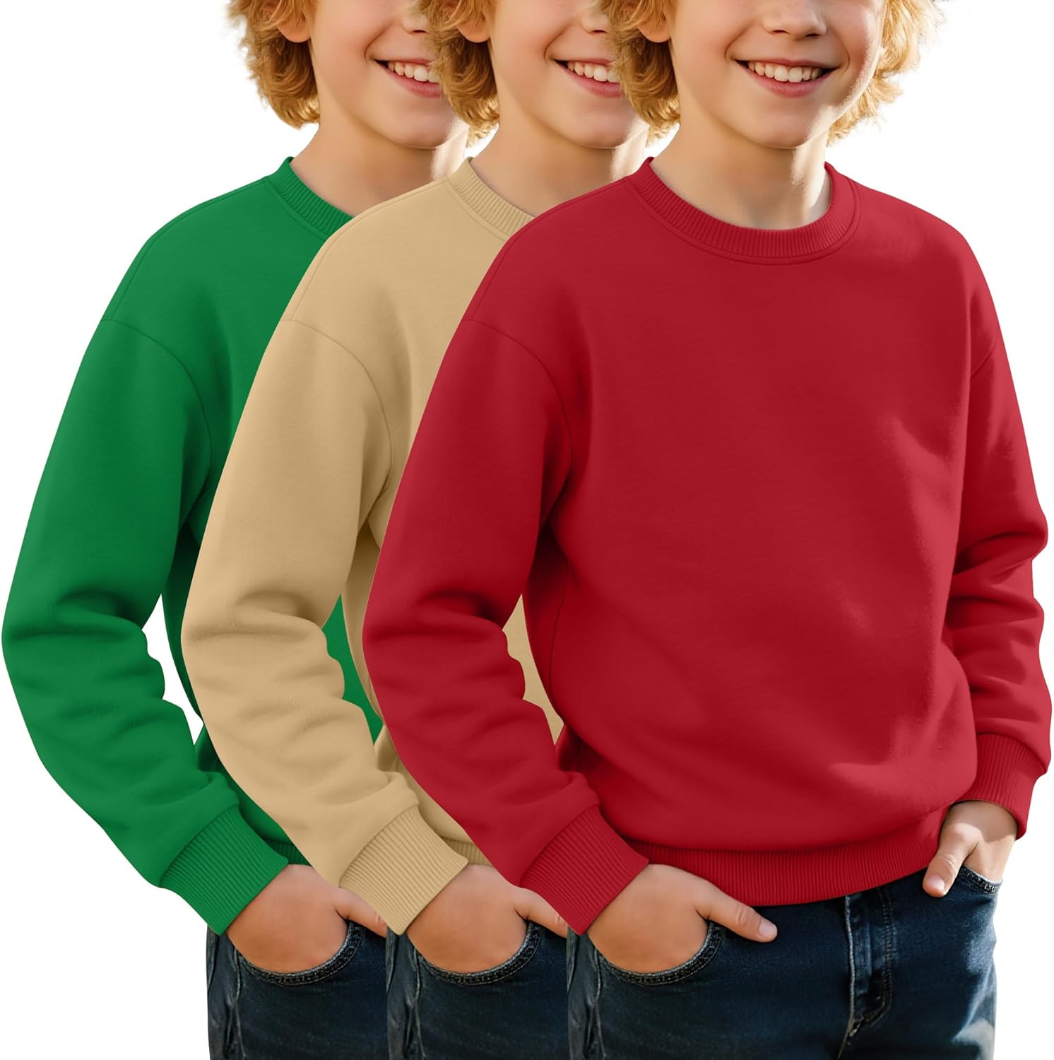 3 Pack Boys' Cotton Blend Sweatshirt, Crew Neck Long Sleeve Pullover, Youth Basic Fall Winter Sweatshirt