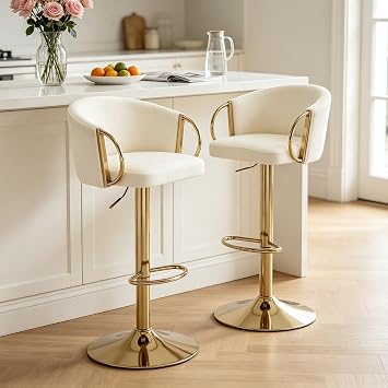 Velvet Gold Bar Stools Set of 2, Counter Height Bar Stools Velvet Low Back Chair with Golden Armrest Golden Big Base for Kitchen Island Home BarCream