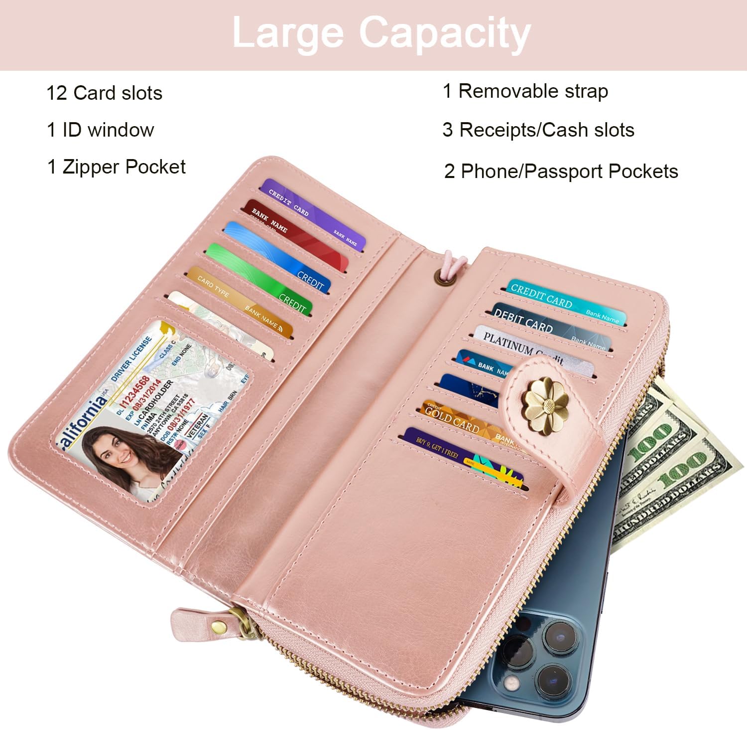 Wallets for Women Multi Card Holder Wallet Clutch Wallet Card Holder Organizer Ladies Purse with Wrist strap Purse - Image 3