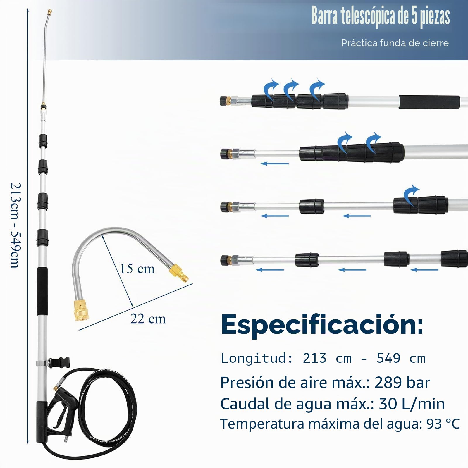 RELAX4LIFE Varillas de Extensión de 5,5 M para Hidrolimpiadora, Tubo de Chorro Telescópico, Limpiador de Alta Presión con Boquilla, Lanza Telescópica, Mango Telescópico con Correa de Sujeción