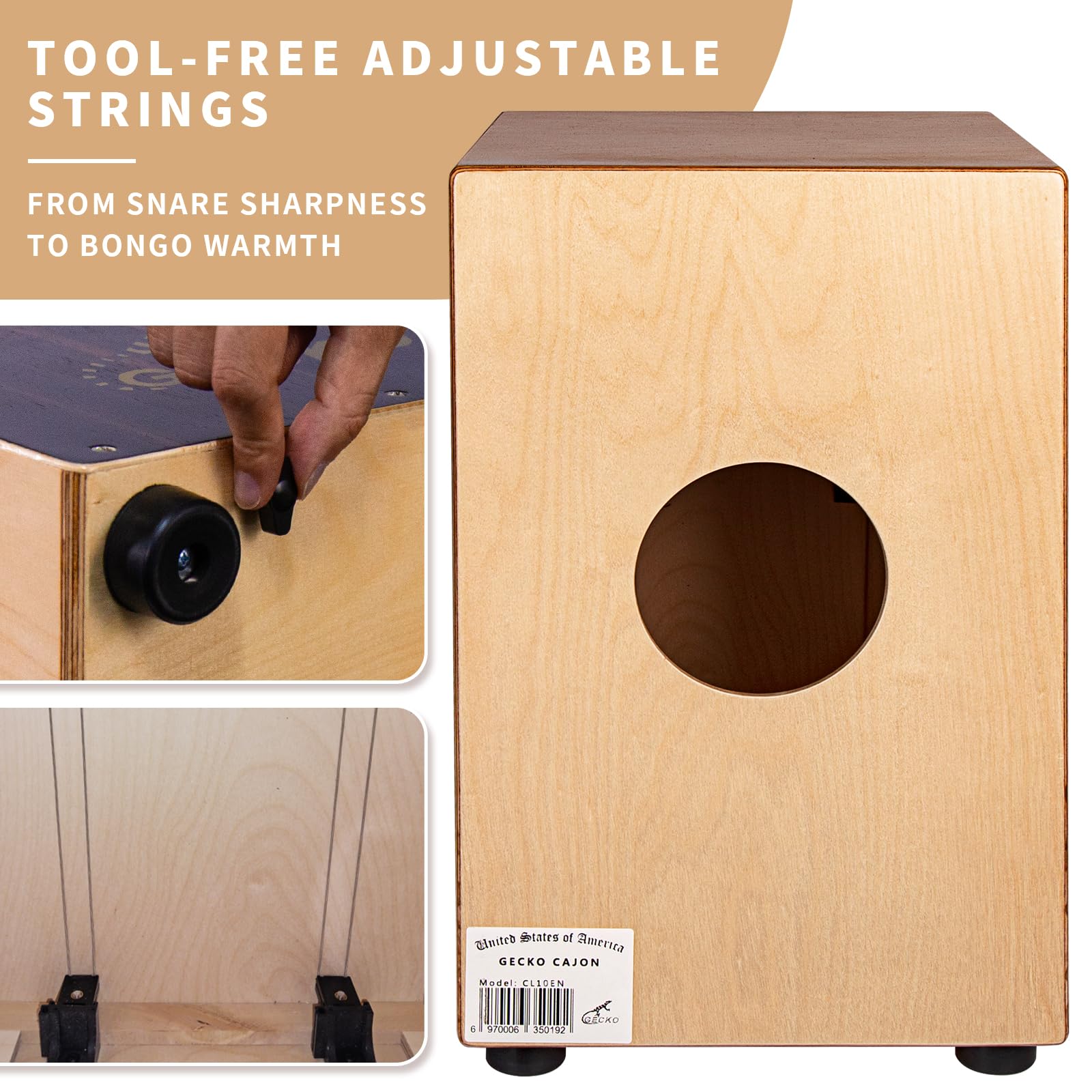 GECKO – Boîte de batterie cajon avec cordes internes réglables sans outil – Instrument de musique à percussion en bois de 48 cm, caisse de grosse caisse acoustique