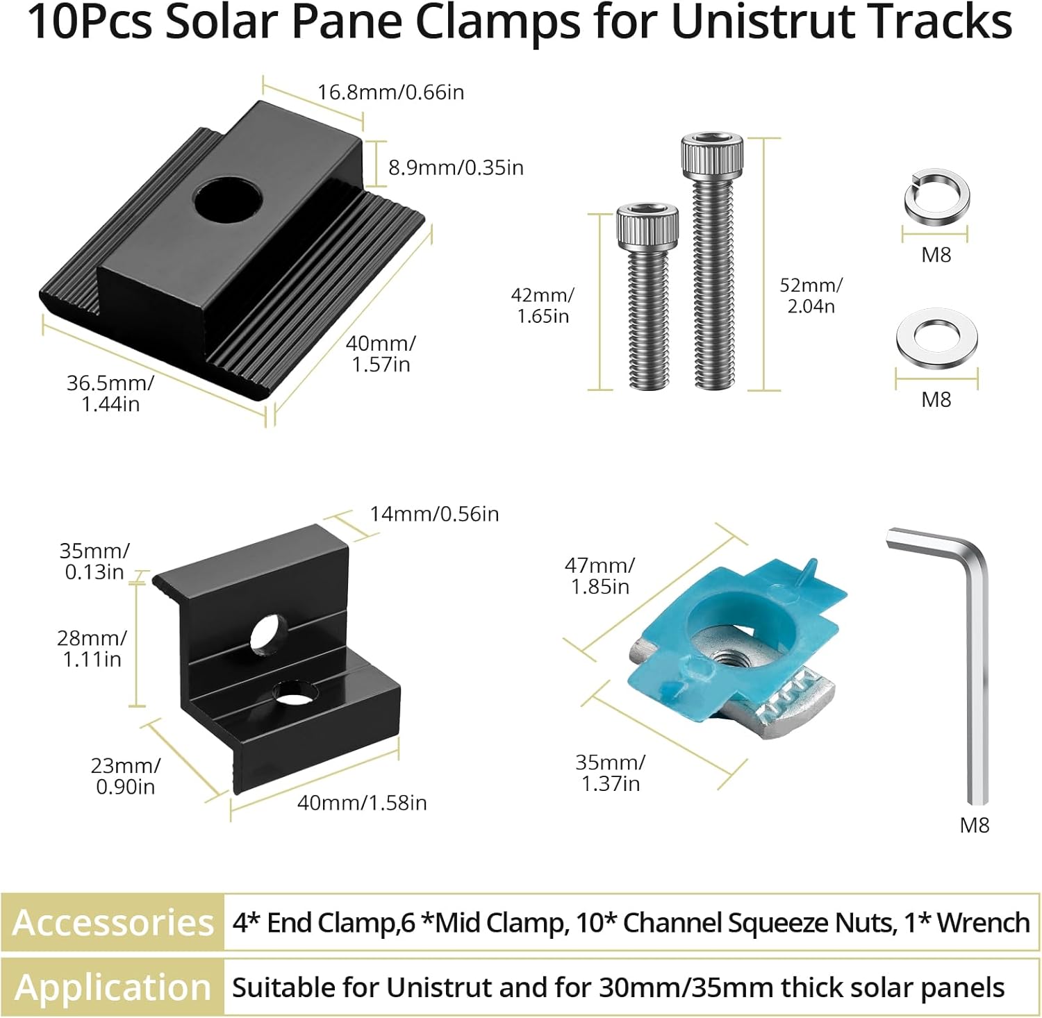 Anbte 10 PCS Solar Panel Mounting Brackets for Unistrut, Aluminium 30mm/35mm 6 x T-Shaped Mid Clamps + 4 x End Clamps, Solar Panel Mounting Kit for Metal, Tin, Flat, Sheet Roofs, RV, Black