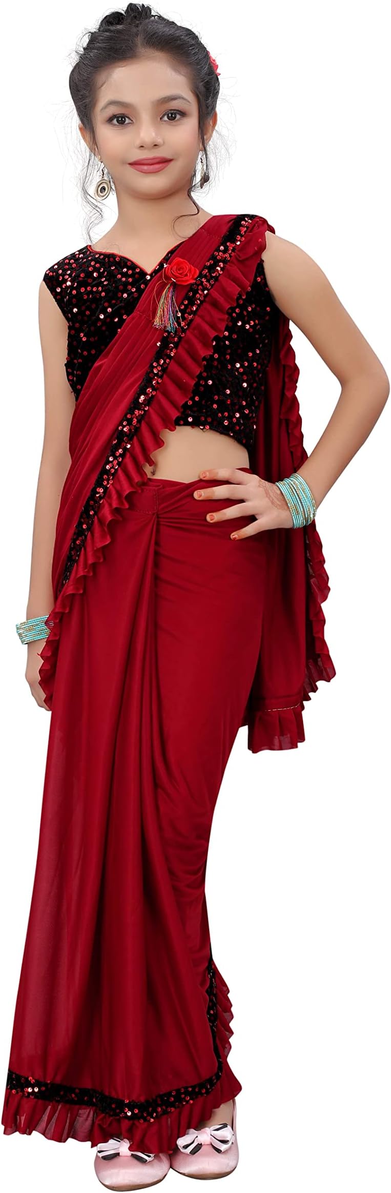 KJP VILLA Kids Redy To Wear Saree With Blouse Piece (6-7, Red)