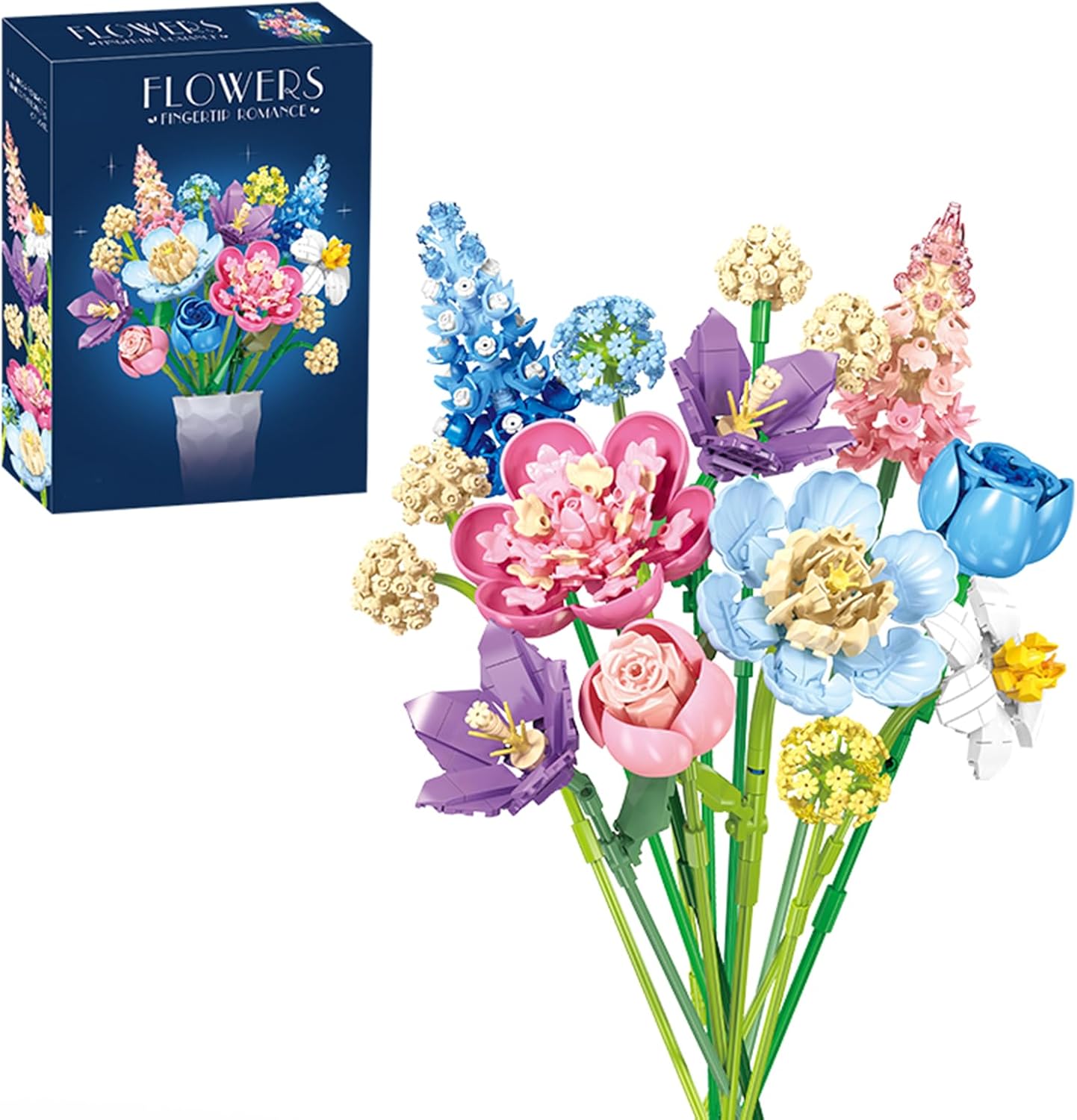FANTASY&Co. Botanical Flower Building Set for Adults | Creative & Realistic Flower Bouquet Alternative | Unique Home & Office Decor | Relaxing for Family, Mom, Him & Her (Without VASE)