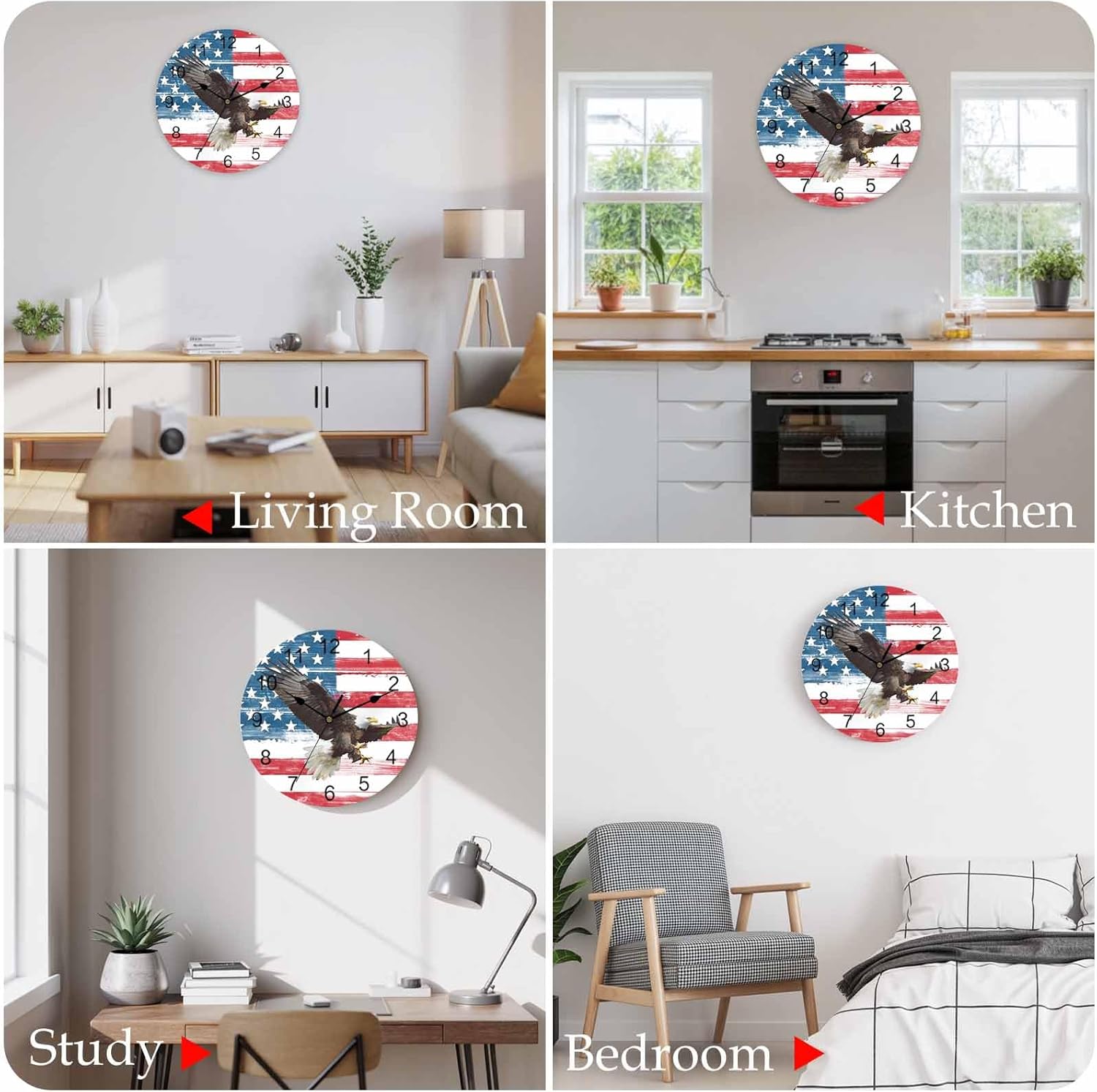 4th of July Wall Clock American Flag Clocks PVC Silent Non-Ticking Battery Operated Freedom Eagle Independence Day Round Clock for Home Living Room School Bedroom Memorial Day Wall Decor 10 Inch