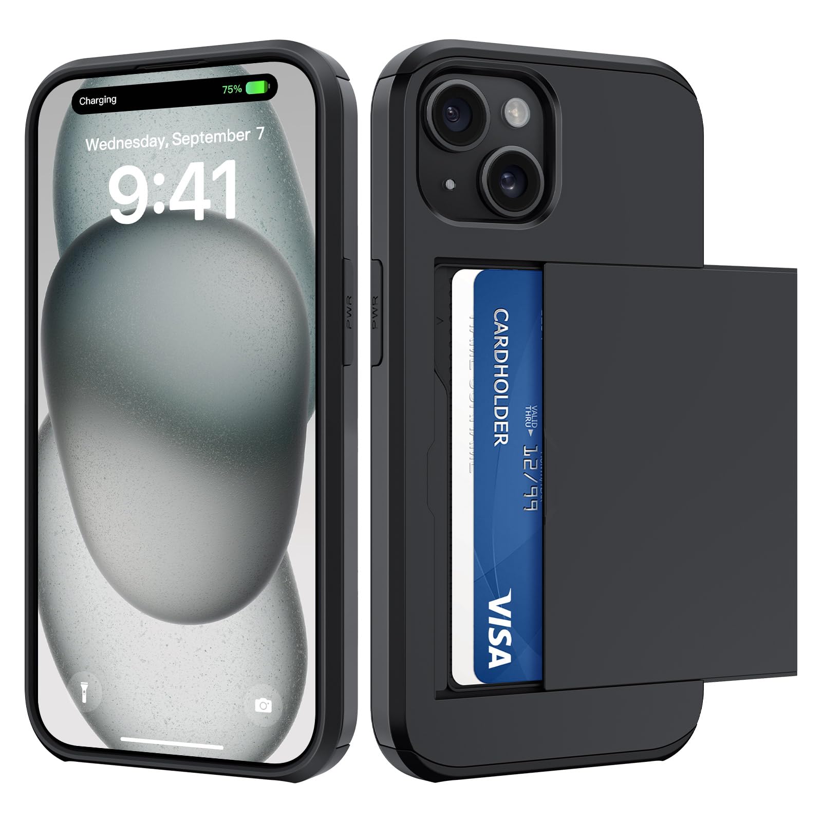 Cover per iPhone 15 con Porta Carte Custodia Portafoglio Antiurto Anti-Graffio Resistente Grado Militare Protettiva Slot Nascosto Scorrevole Case, Nero