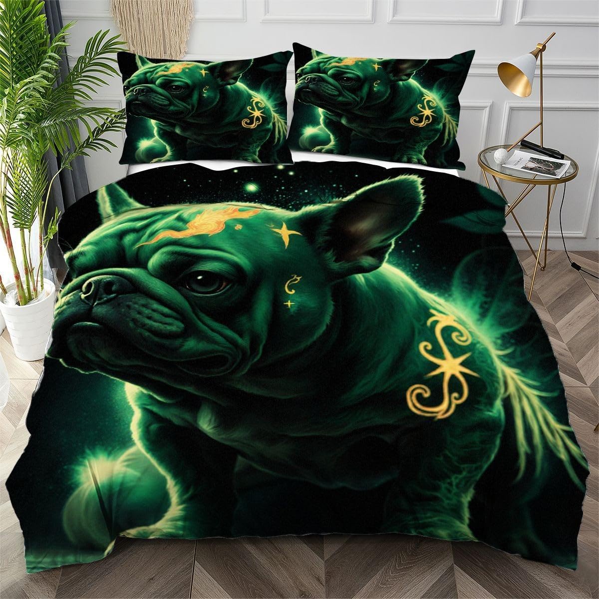 Housse de couette 220x240 chien vert parure de lit microfibre 3 pi&egrave;ces AW4421