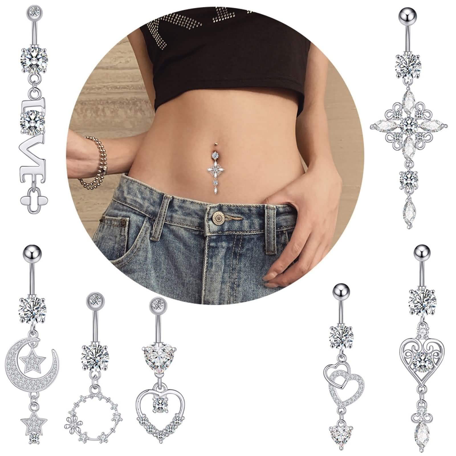 Daesar Bauchnabelpiercing Chirurgenstahl 10Mm, 14G Bauchnabelpiercing 10MM Stablänge Herz Stern Mond Anhänger mit Zirkonia Körperpiercing Bauchnabelring Set