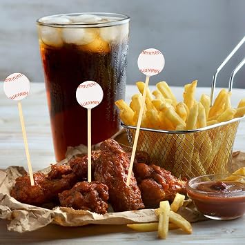 CABAX 4.72 Inch Baseball Style Cocktail Picks for Appetizers, Long Bamboo Decorative Toothpicks Skewers for Holiday Birthday Party Decorations, 30 Pcs