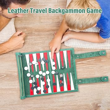 Travel Backgammon Set, Portable 18.5inch Leather Backgammon Sets, Roll-Up Travel Backgammon Game, Tactical Board Game Ideas (Green)