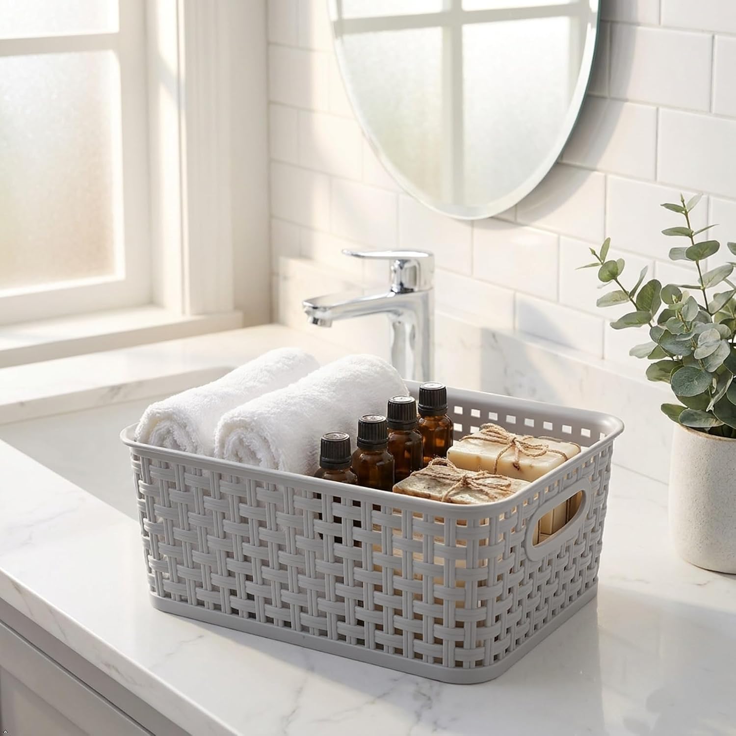 6-Pack Weave Basket, Plastic Storage Baskets for Organization, Gray image 4
