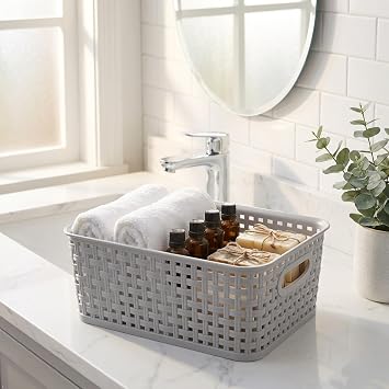 6-Pack Plastic Weave Storage Basket, Storage Basket Sets, Light Gray
